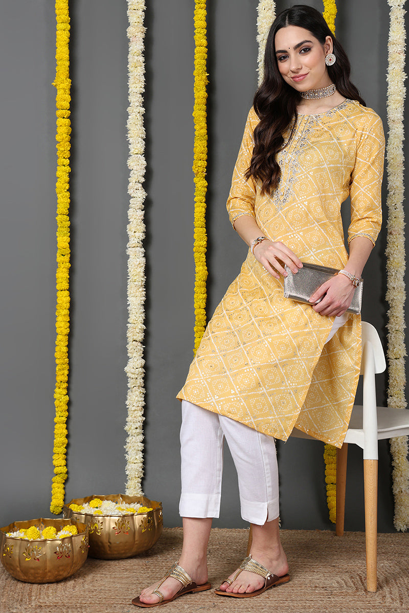 Yellow Cotton Blend Bandhani Printed Straight Kurta VCK9741 | DesiQlo