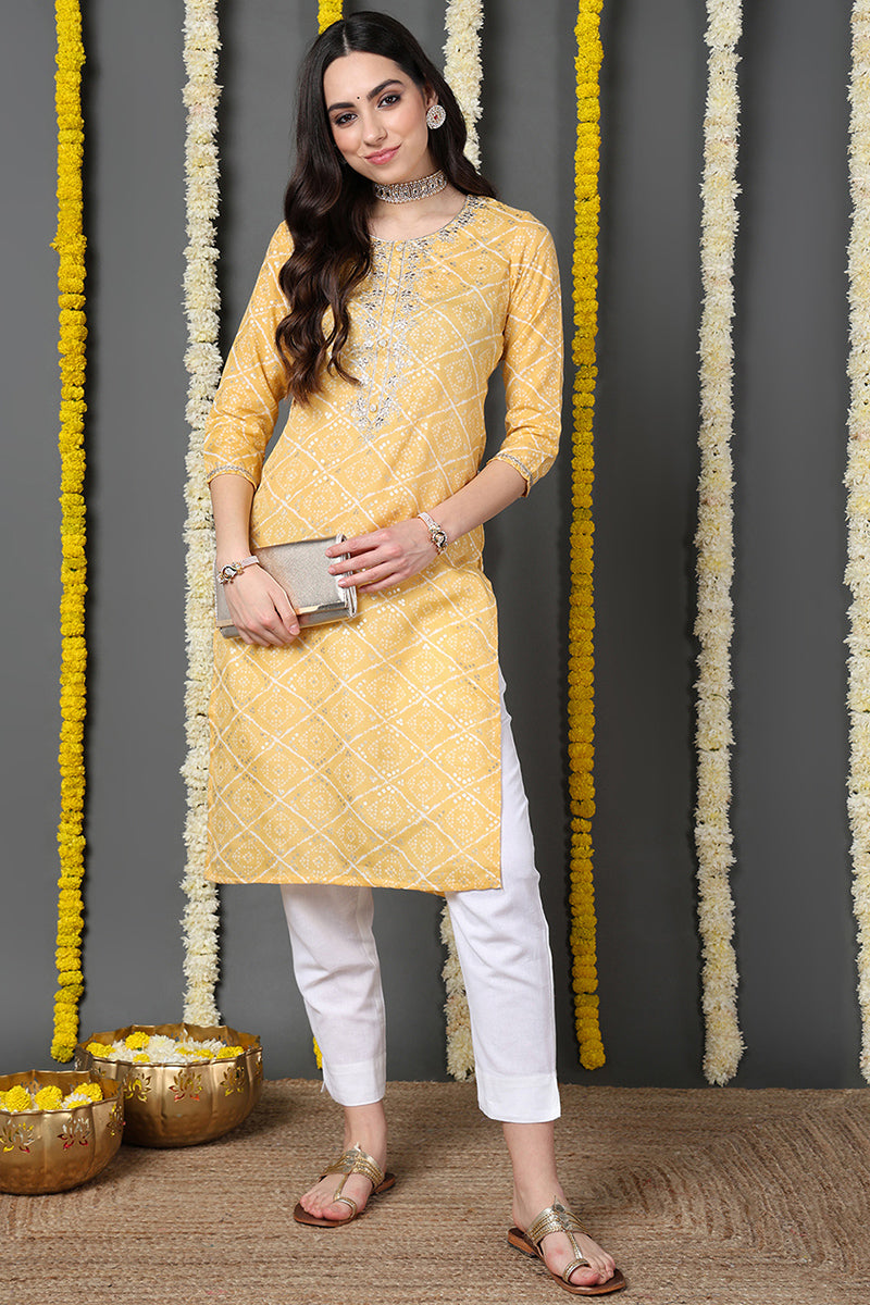 Yellow Cotton Blend Bandhani Printed Straight Kurta VCK9741 | DesiQlo
