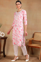 Pink Cotton Blend Embroidered Abstract Printed Straight Kurta VCK9758