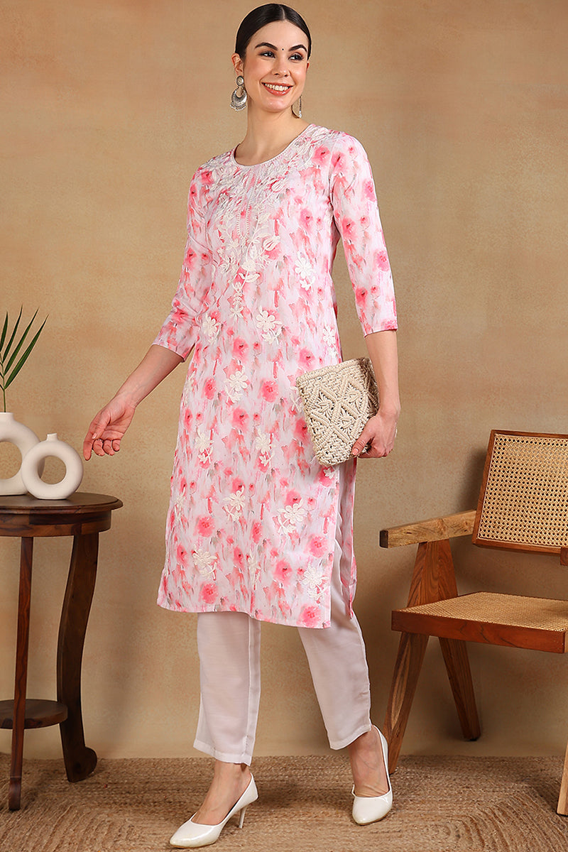 White Cotton Blend Embroidered Ethnic Printed Straight Kurta VCK9757 |