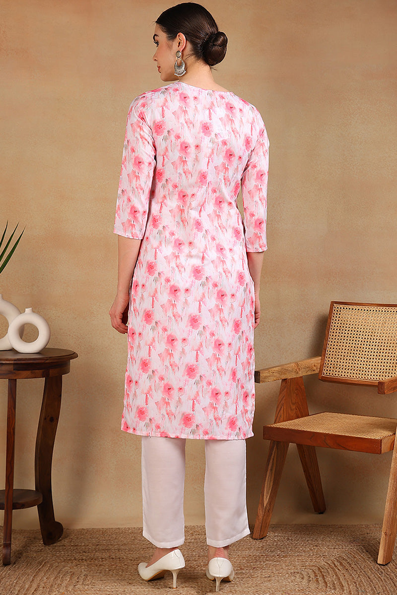 Pink Cotton Blend Embroidered Abstract Printed Straight Kurta VCK9758