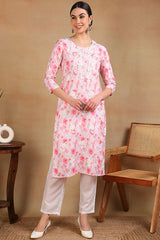 Pink Cotton Blend Embroidered Abstract Printed Straight Kurta VCK9758