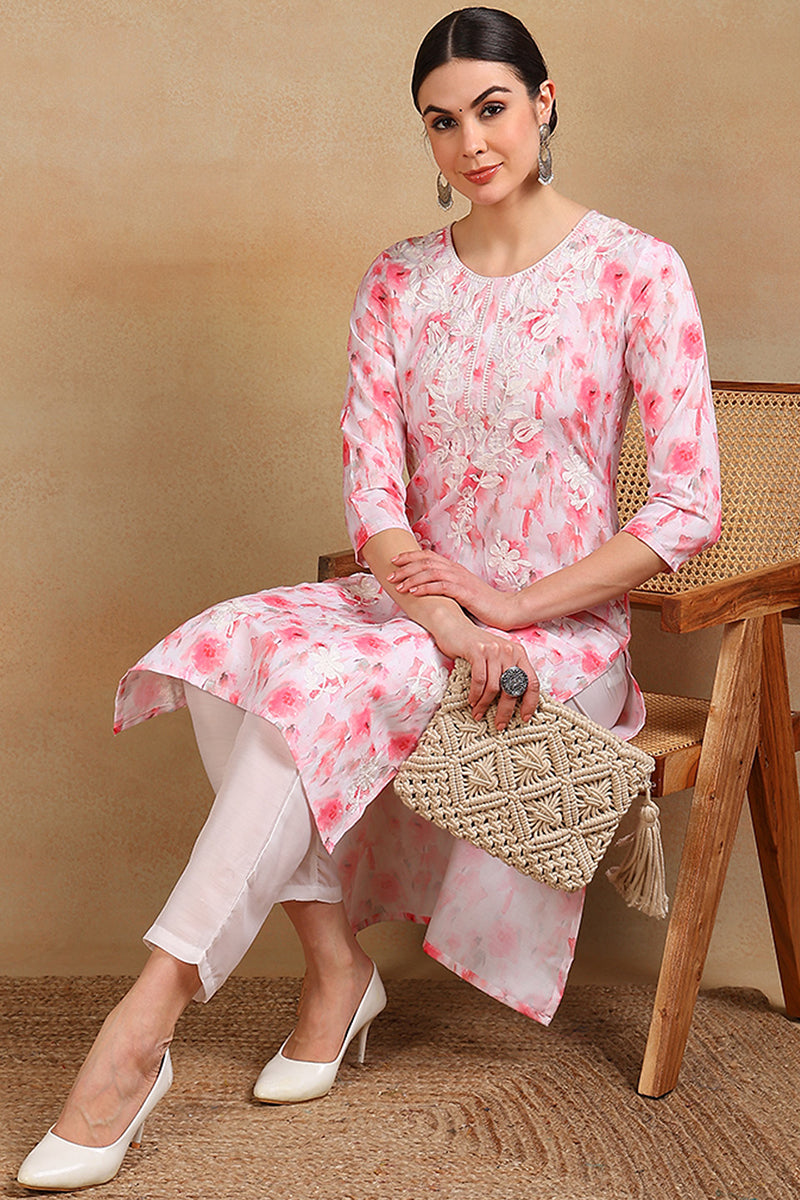 White Cotton Blend Embroidered Ethnic Printed Straight Kurta VCK9757 |