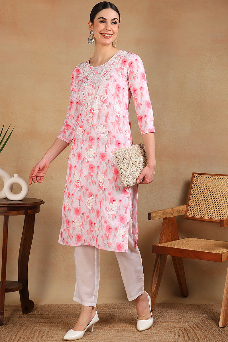 Pink Cotton Blend Embroidered Abstract Printed Straight Kurta VCK9758