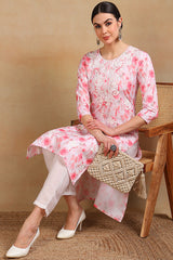 Pink Cotton Blend Embroidered Abstract Printed Straight Kurta VCK9758
