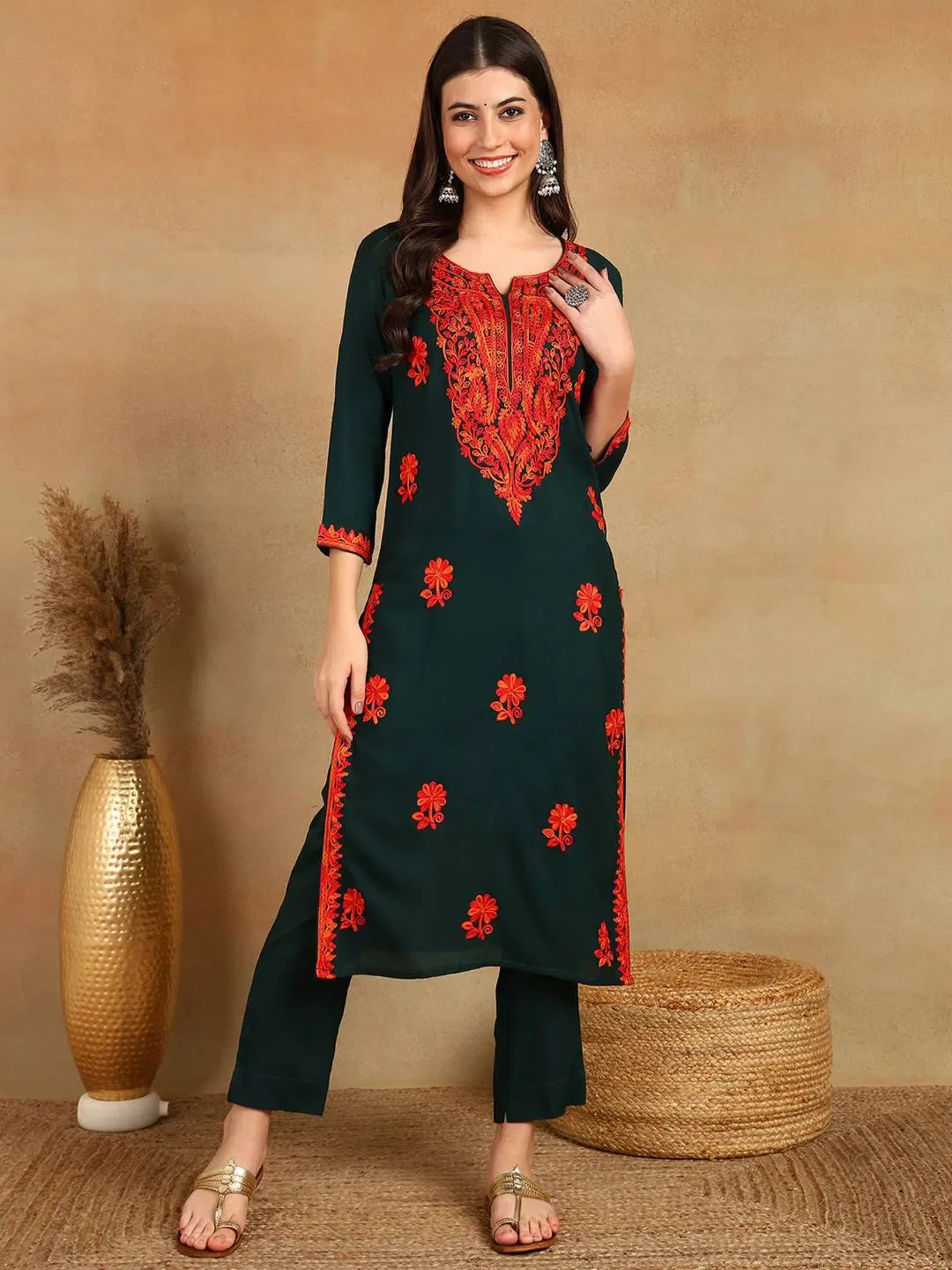 Green Embroidered Indian Kurta for Women | Viscose Rayon Kurti