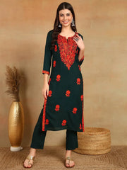 Women Green Viscose Rayon Embroidered Thread Work Straight Kurta-VCK9762