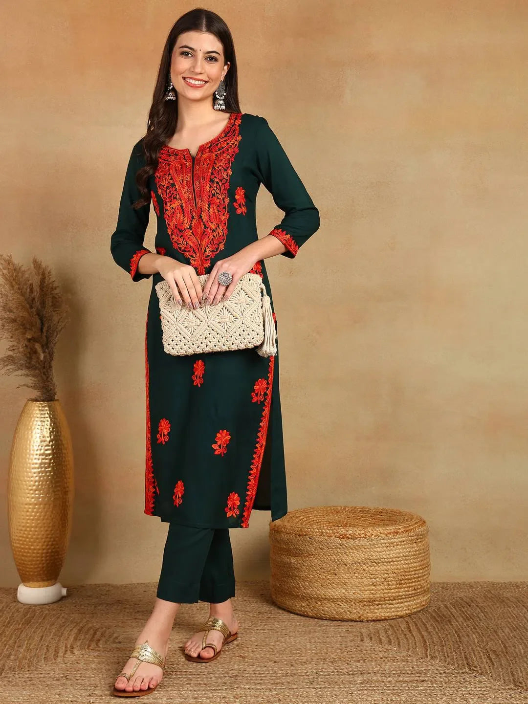 Green Embroidered Indian Kurta for Women | Viscose Rayon Kurti