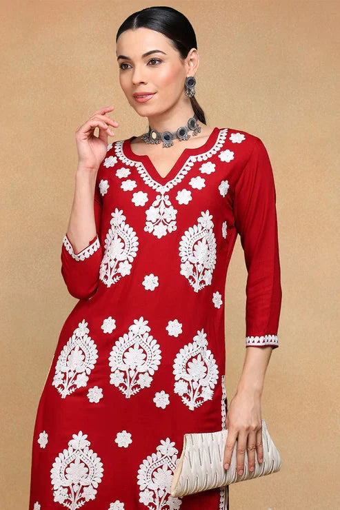 Maroon Embroidered Kurta - Women's Solid Indian Kurta Ladies