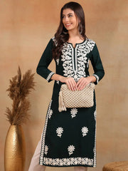 Women Green Viscose Rayon Solid Embroidered Chikankari Straight Kurta-VCK9770GRN