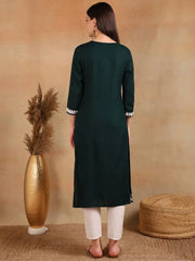Women Green Viscose Rayon Solid Embroidered Chikankari Straight Kurta-VCK9770GRN