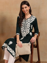 Women Green Viscose Rayon Solid Embroidered Chikankari Straight Kurta-VCK9770GRN