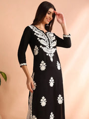 Women Black Rayon Solid Embroidered Straight Kurta-VCK9773BLK