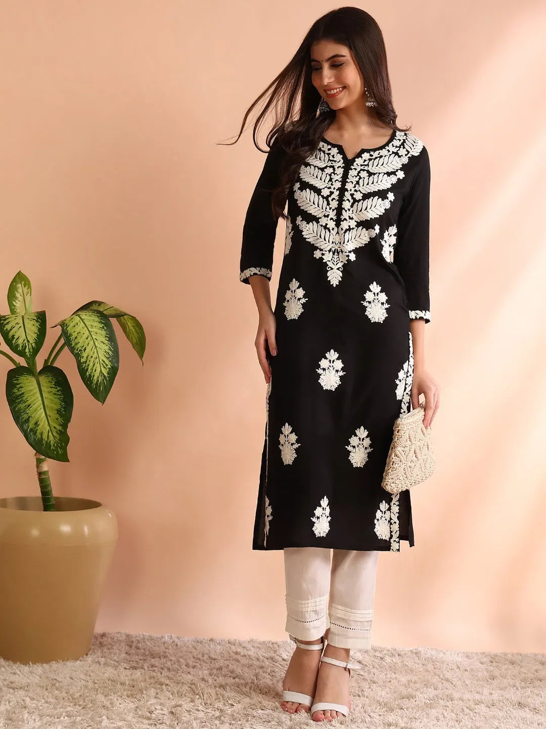 Black Embroidered Kurta for Women | Viscose Indian Kurti