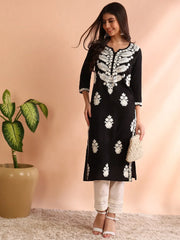 Women Black Rayon Solid Embroidered Straight Kurta-VCK9773BLK