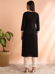 Women Black Rayon Solid Embroidered Straight Kurta-VCK9773BLK