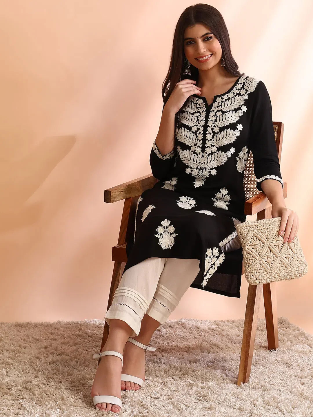 Black Embroidered Kurta for Women | Viscose Indian Kurti