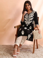 Women Black Rayon Solid Embroidered Straight Kurta-VCK9773BLK
