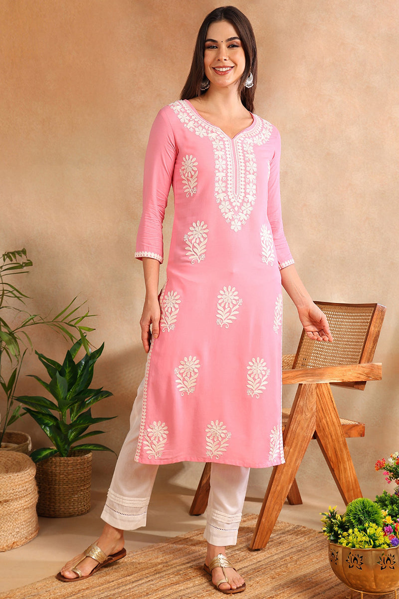 Pink Viscose Rayon Solid Embroidered Chikankari Straight Kurta VCK9779