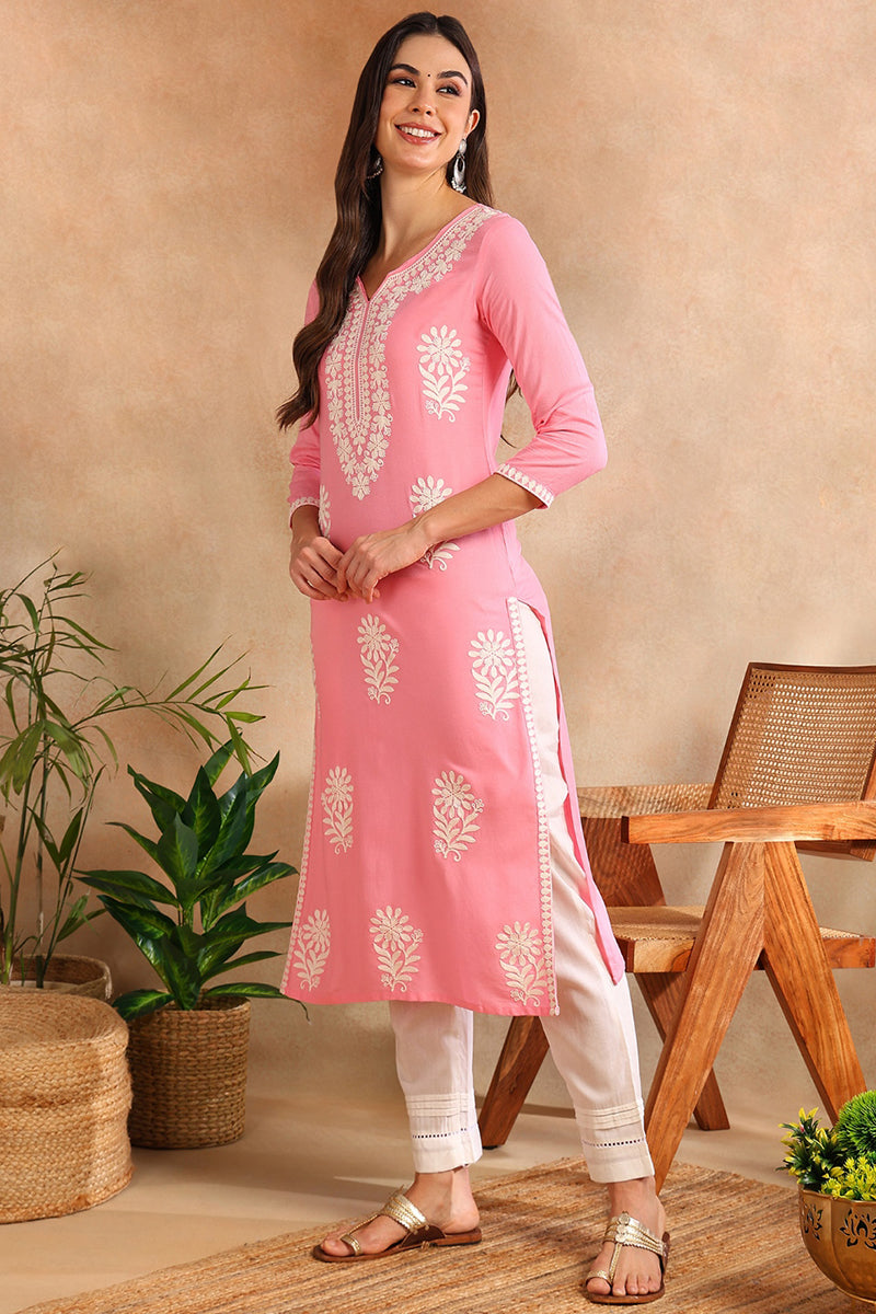 Pink Viscose Rayon Solid Embroidered Chikankari Straight Kurta VCK9779