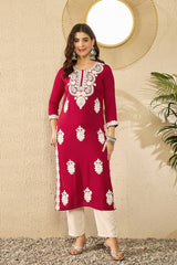 Women Red Viscose Rayon Solid Embroidered Straight Kurta-VCK9782