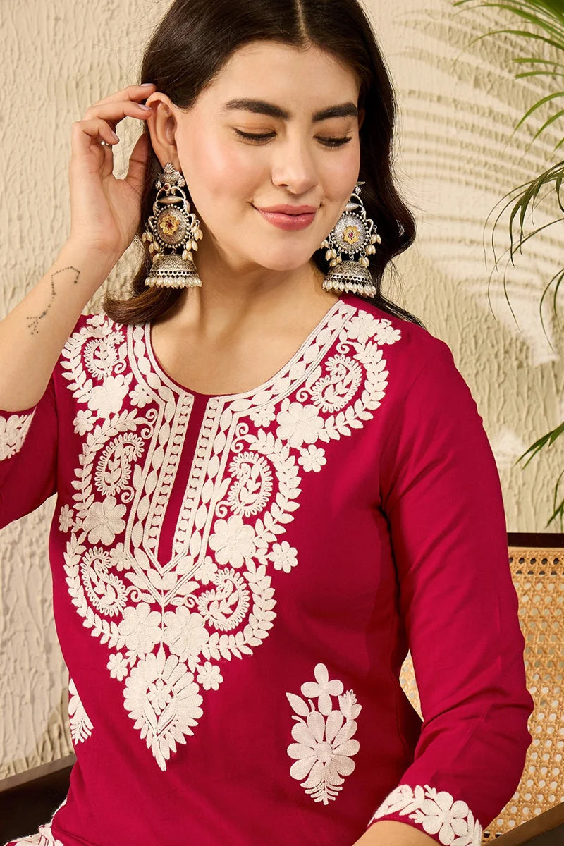 Red Embroidered Indian Kurta - Viscose Rayon Women's Kurti