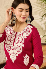Women Red Viscose Rayon Solid Embroidered Straight Kurta-VCK9782