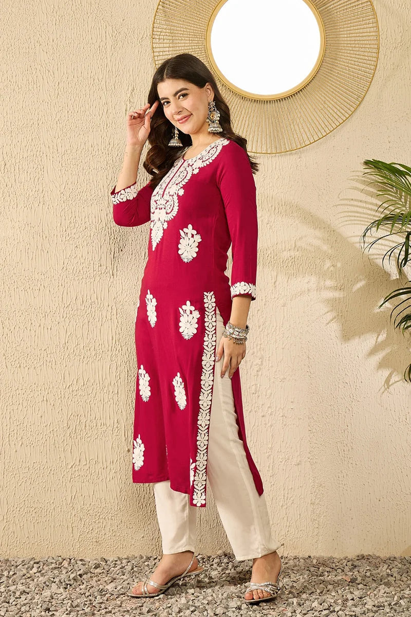 Red Embroidered Indian Kurta - Viscose Rayon Women's Kurti
