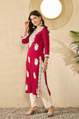 Women Red Viscose Rayon Solid Embroidered Straight Kurta-VCK9782