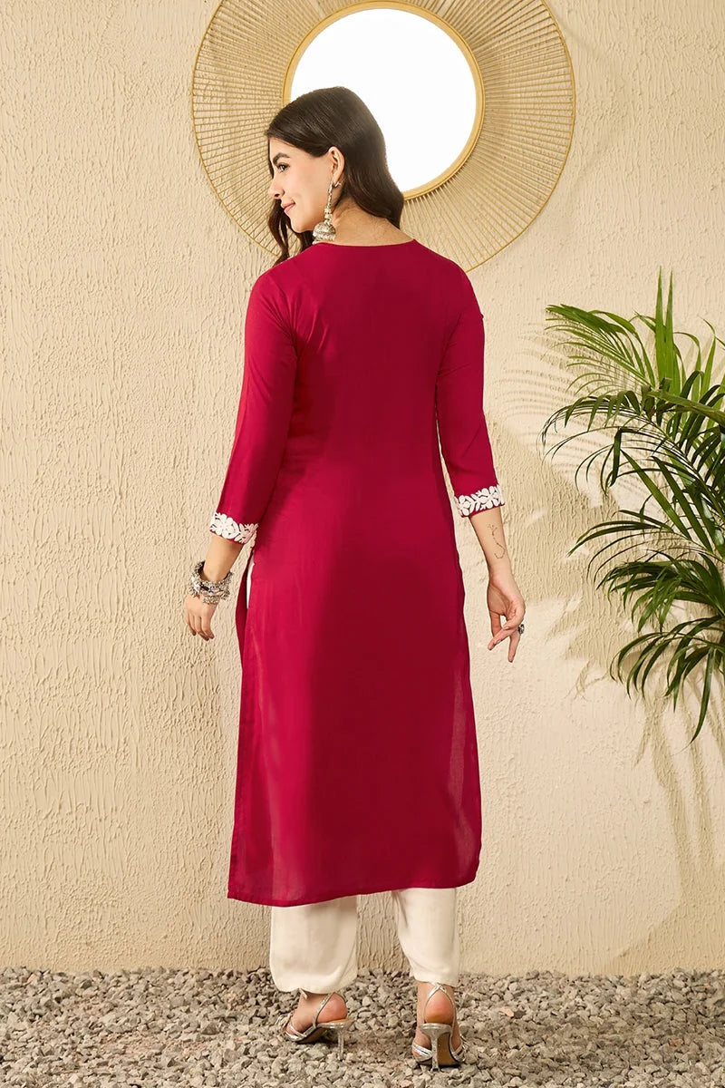 Red Embroidered Indian Kurta - Viscose Rayon Women's Kurti