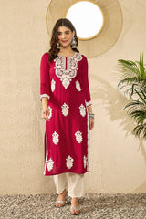 Women Red Viscose Rayon Solid Embroidered Straight Kurta-VCK9782
