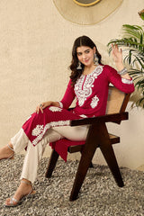 Women Red Viscose Rayon Solid Embroidered Straight Kurta-VCK9782