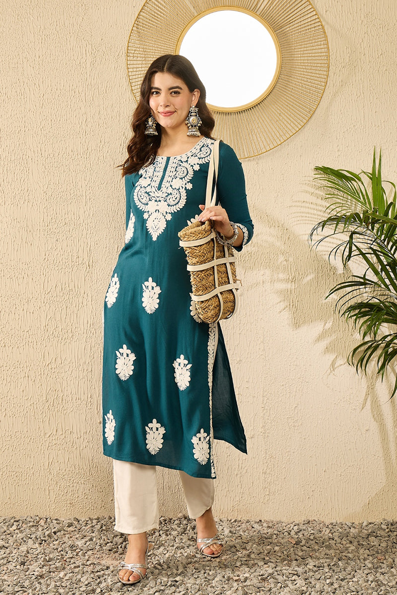 Blue Embroidered Viscose Kurta | Indian Kurta for Women