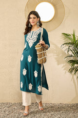 Women Blue Viscose Rayon Solid Embroidered Straight Kurta-VCK9784