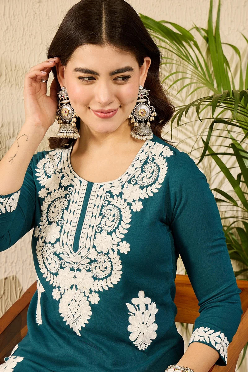 Blue Embroidered Viscose Kurta | Indian Kurta for Women
