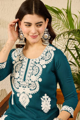 Women Blue Viscose Rayon Solid Embroidered Straight Kurta-VCK9784