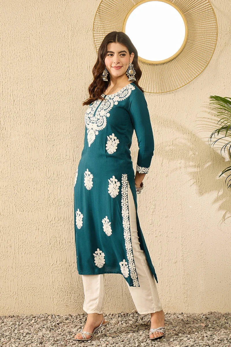 Blue Embroidered Viscose Kurta | Indian Kurta for Women