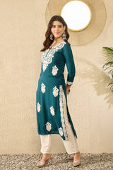 Women Blue Viscose Rayon Solid Embroidered Straight Kurta-VCK9784