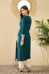 Women Blue Viscose Rayon Solid Embroidered Straight Kurta-VCK9784