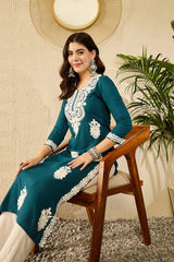 Women Blue Viscose Rayon Solid Embroidered Straight Kurta-VCK9784