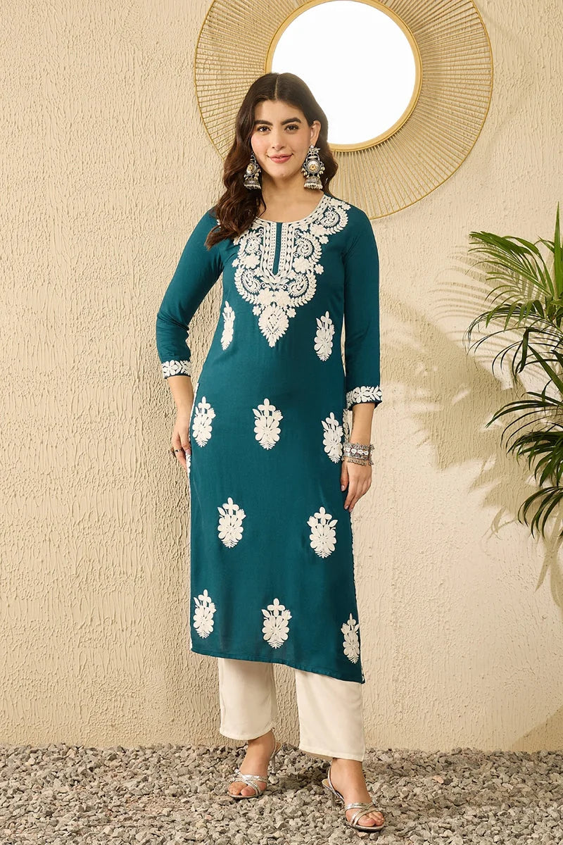Blue Embroidered Viscose Kurta | Indian Kurta for Women