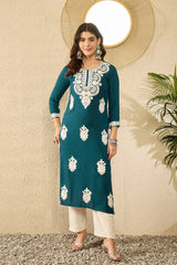 Women Blue Viscose Rayon Solid Embroidered Straight Kurta-VCK9784