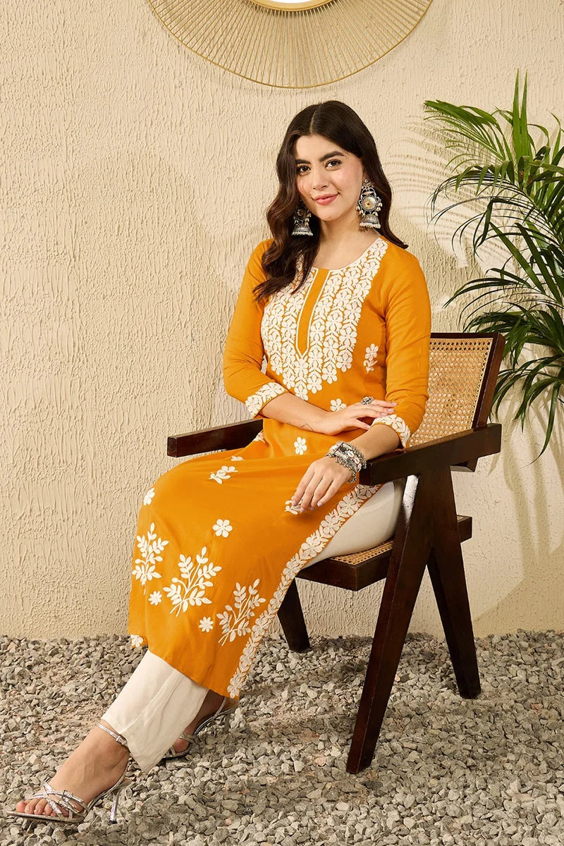 Yellow Embroidered Kurta - Viscose Rayon Indian Kurta for Women
