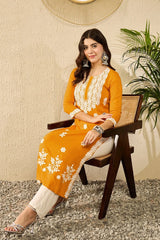 Women Yellow Viscose Rayon Solid Embroidered Straight Kurta-VCK9785