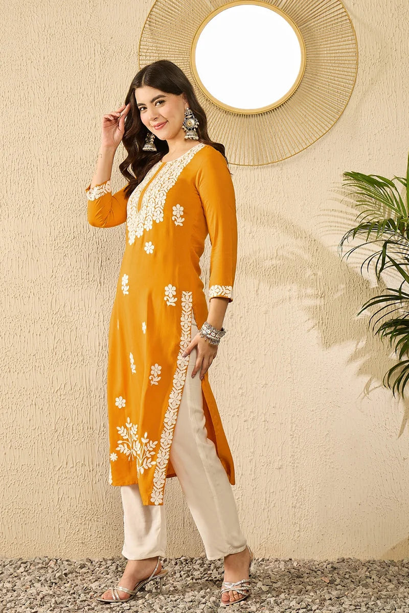 Yellow Embroidered Kurta - Viscose Rayon Indian Kurta for Women