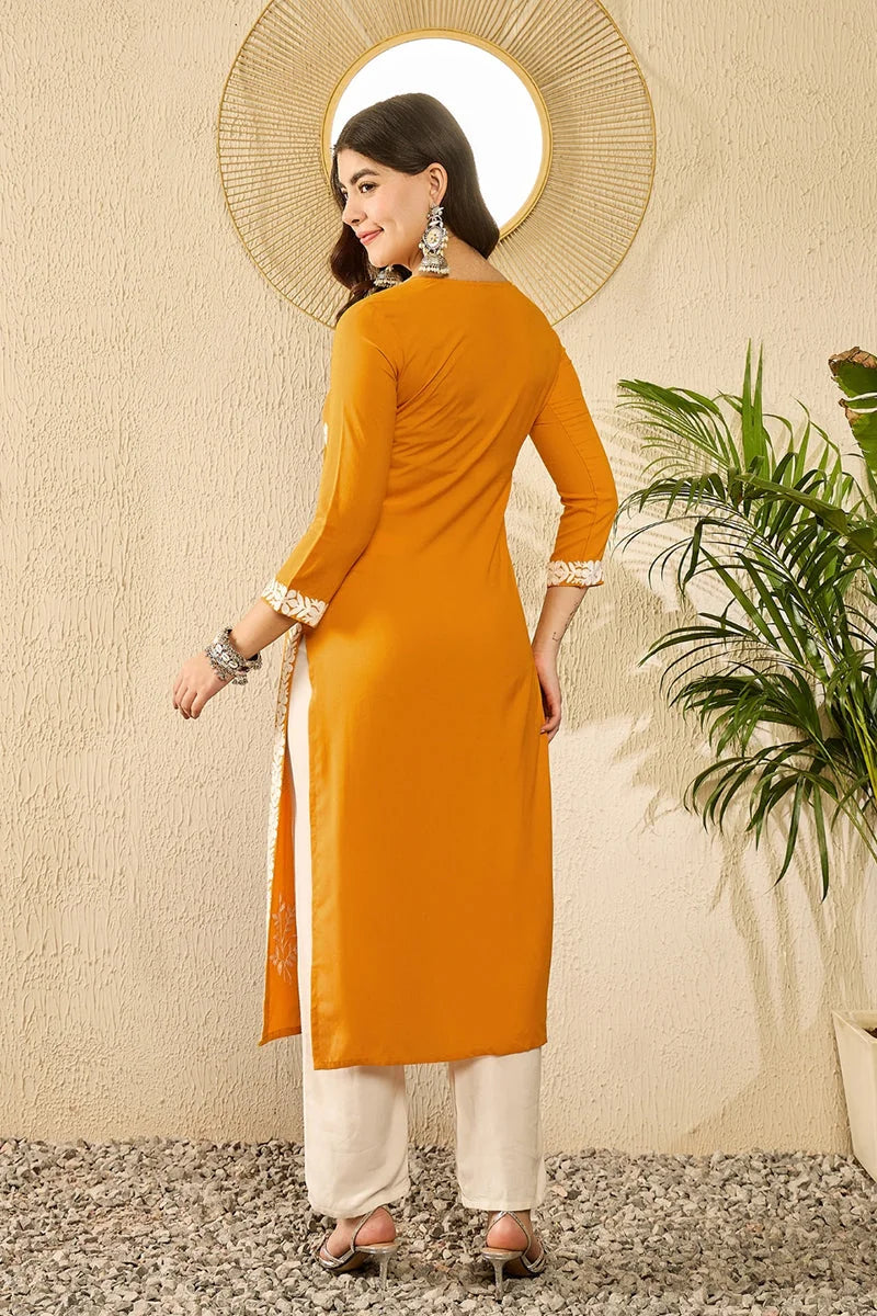Yellow Embroidered Kurta - Viscose Rayon Indian Kurta for Women