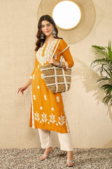 Women Yellow Viscose Rayon Solid Embroidered Straight Kurta-VCK9785