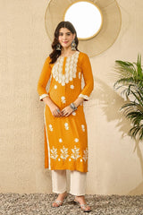 Women Yellow Viscose Rayon Solid Embroidered Straight Kurta-VCK9785