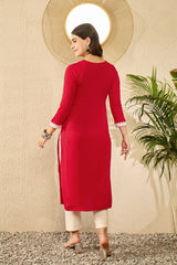 Red Viscose Rayon Solid Embroidered Chikankari Straight Kurta VCK9790