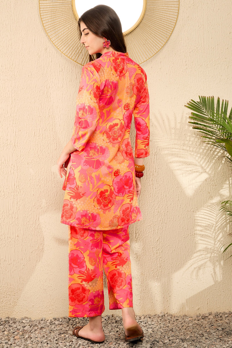 Yellow Rayon Blend Floral Printed Tunic With Palazzo Co-ord Sets VCORD